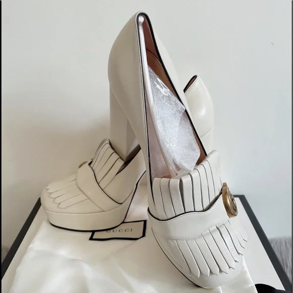 Gucci White Platform Fringe Loafer Pumps with Gold Double G - Picture 3 of 9